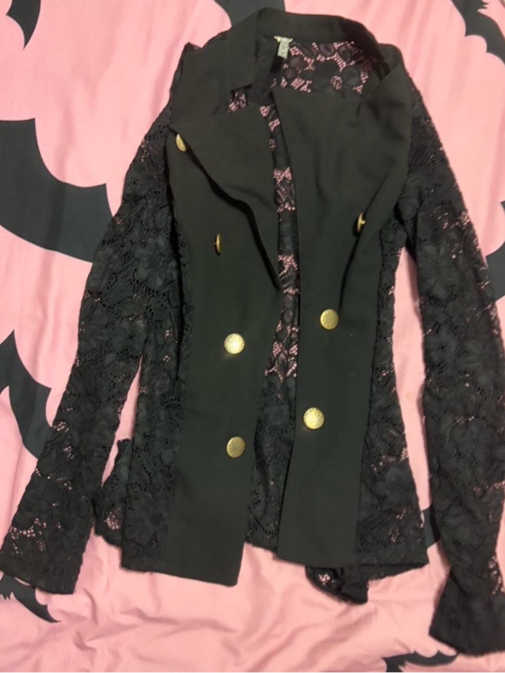 Women's Black Lace Cardigan with Gold Decorative Buttons